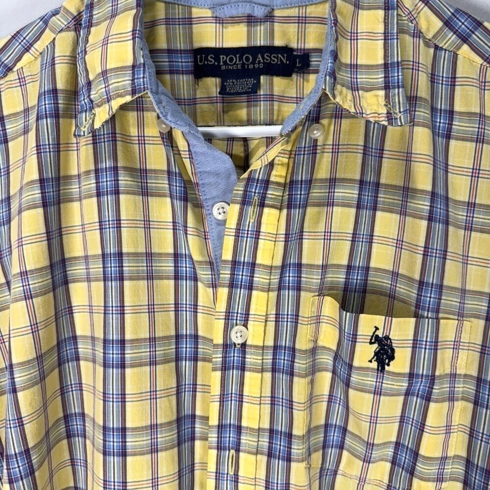 U.S. POLO ASSN Men's Size L Button Down Shirt Blue Yellow Plaid Streetwear Y2K - Picture 2 of 8
